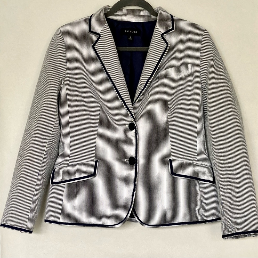 Talbots Seersucker Nautical Navy Blue Striped Blazer